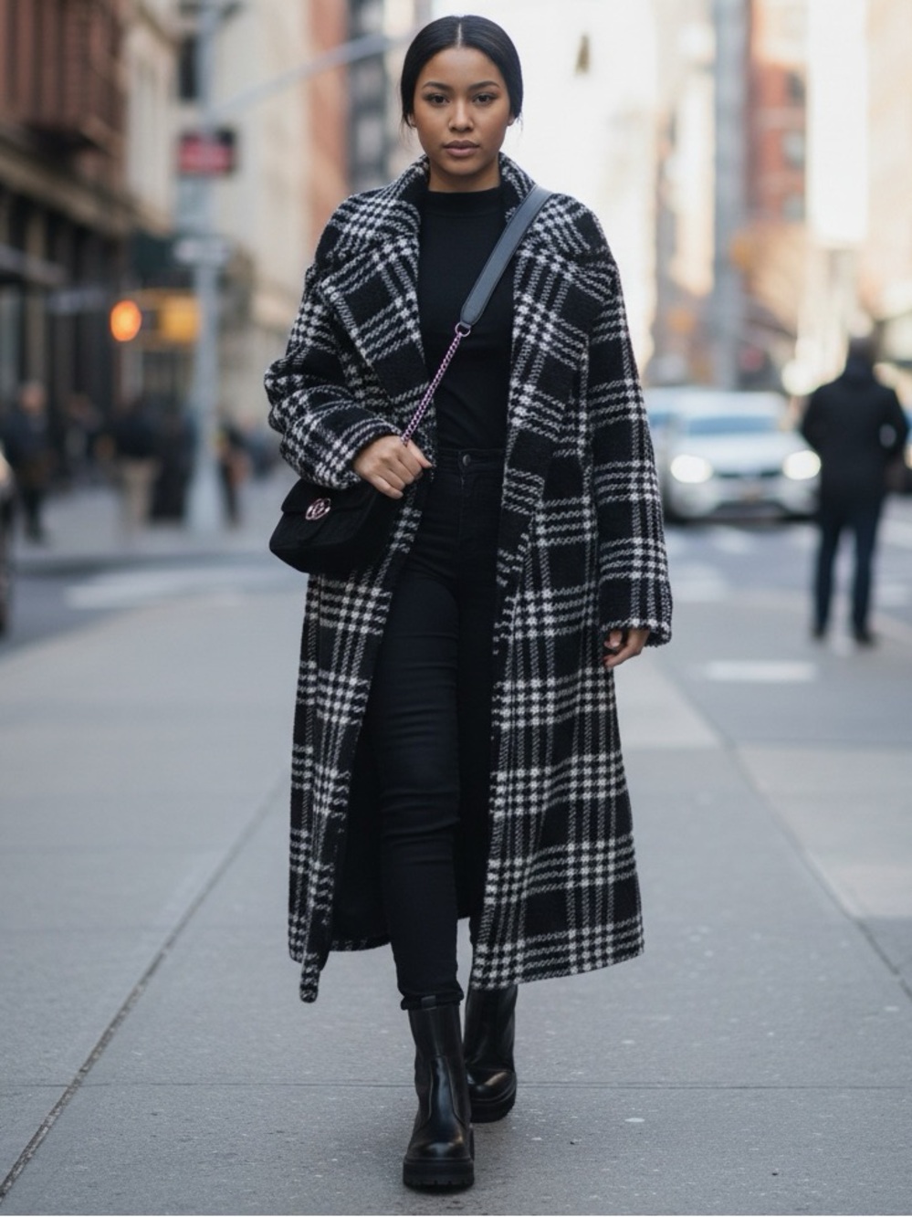 Viral H&M Black White Plaid Houndstooth Long Boucle Sherpa Coat Medium NWT